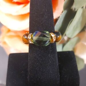 Handmade Beaded Ring - Green centerpiece w/Tigers Eye & Gold beads